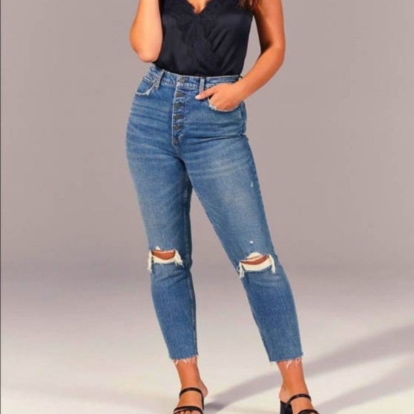 Abercrombie & Fitch Ultra High Rise Mom Jean Distressed Blue 00 - Picture 2 of 16